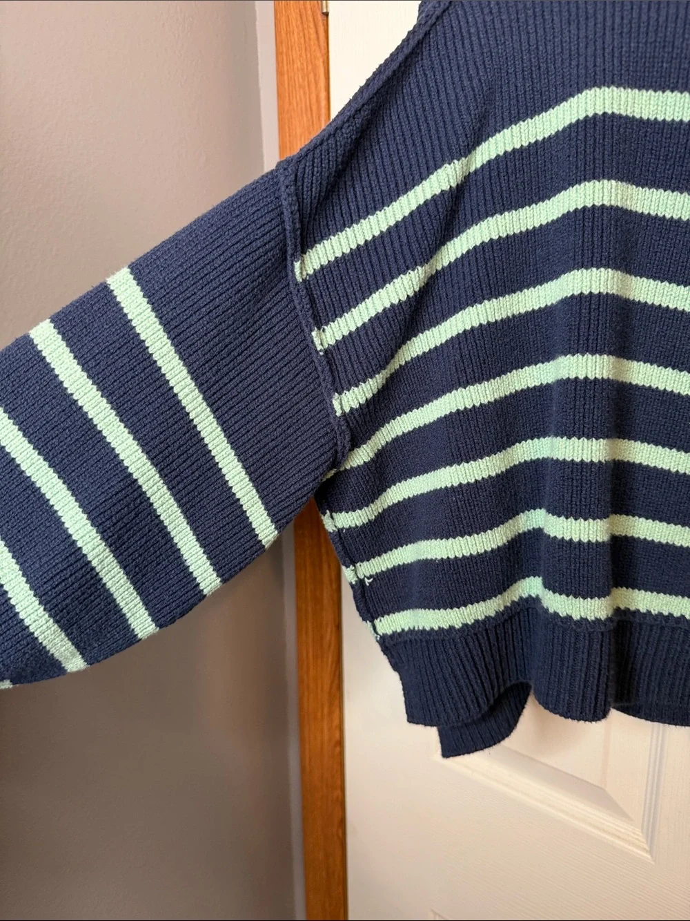 Free People Navy and Mint Striped Cropped Crew Sweater